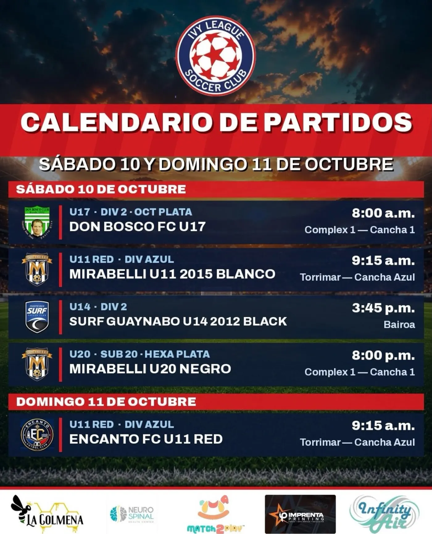 Anuncio de partido publicado para Ivy League SC U14 ante Surf Guaynabo U14 2012 Black