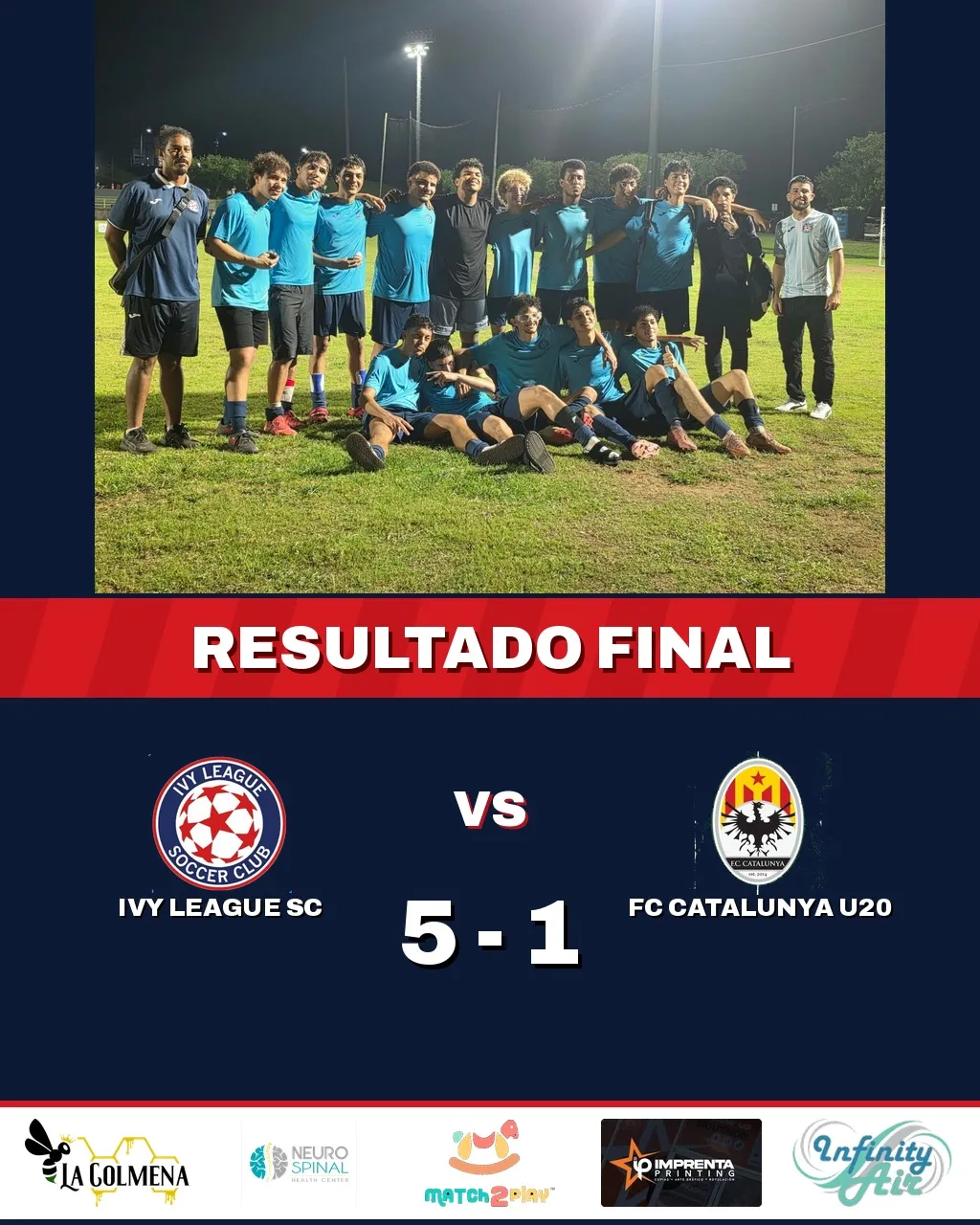 Publicación del club con el resultado final Ivy League SC 5 a 1 FC Catalunya U20 y foto del equipo